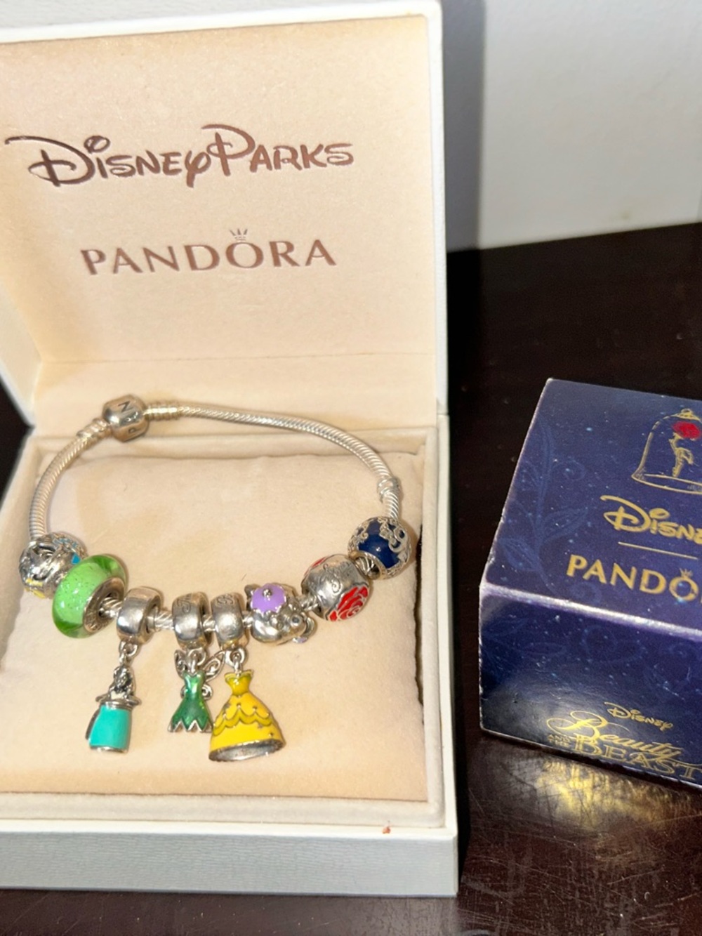 Disney Parks Pandora Charm Bracelet with Colorful Dress Charms